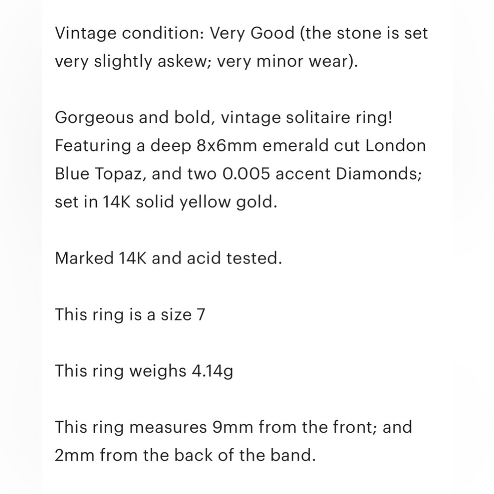 Vintage 14K Gold London Blue Topaz Ring: Emerald Cut Solitaire, Size 7 - Picture 10 of 10